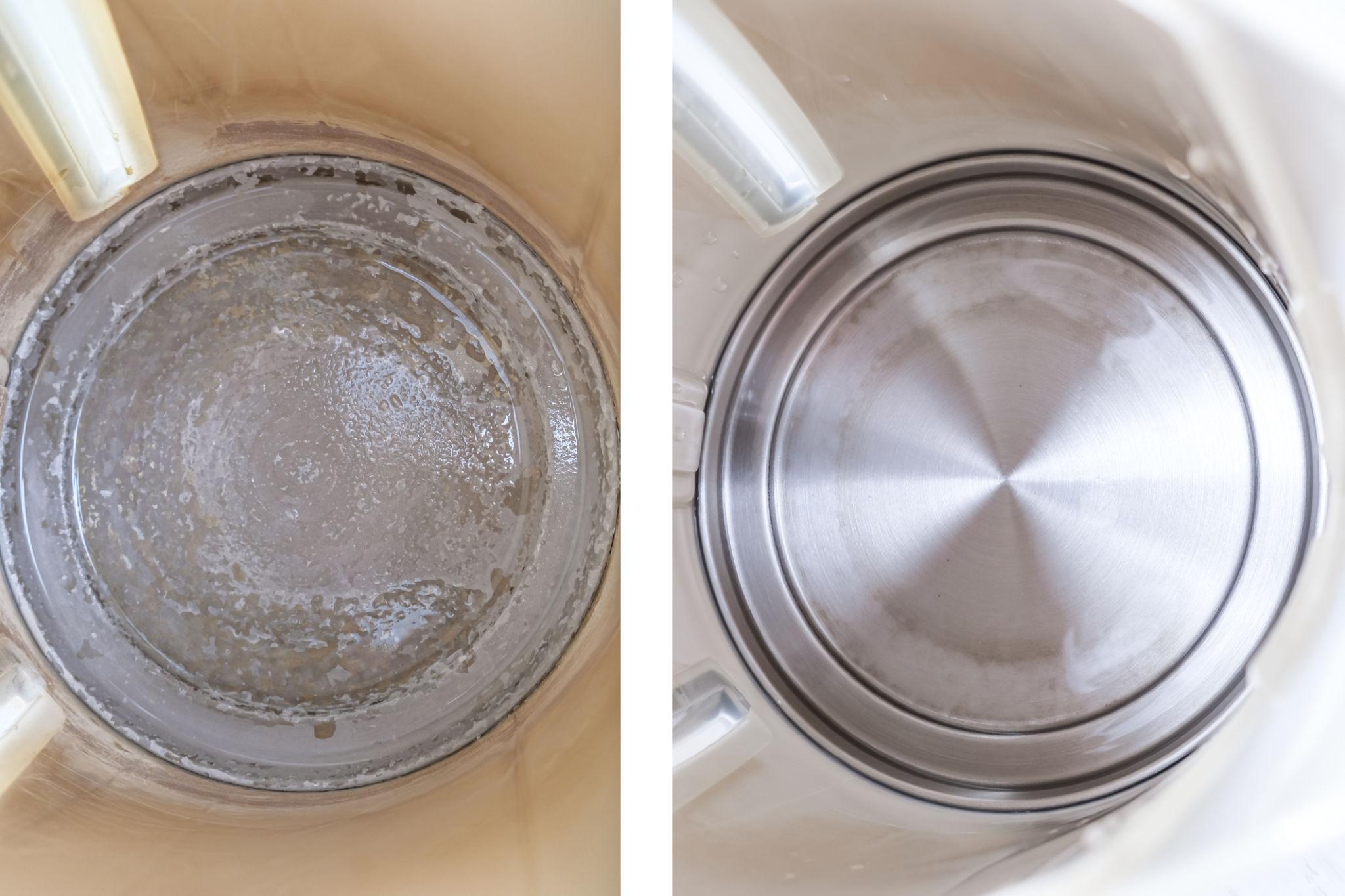 Before and after: kettle element scale buildup versus clean after water softening