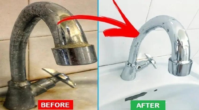 Before and after: cloudy kitchen tap versus clean faucet after treatment