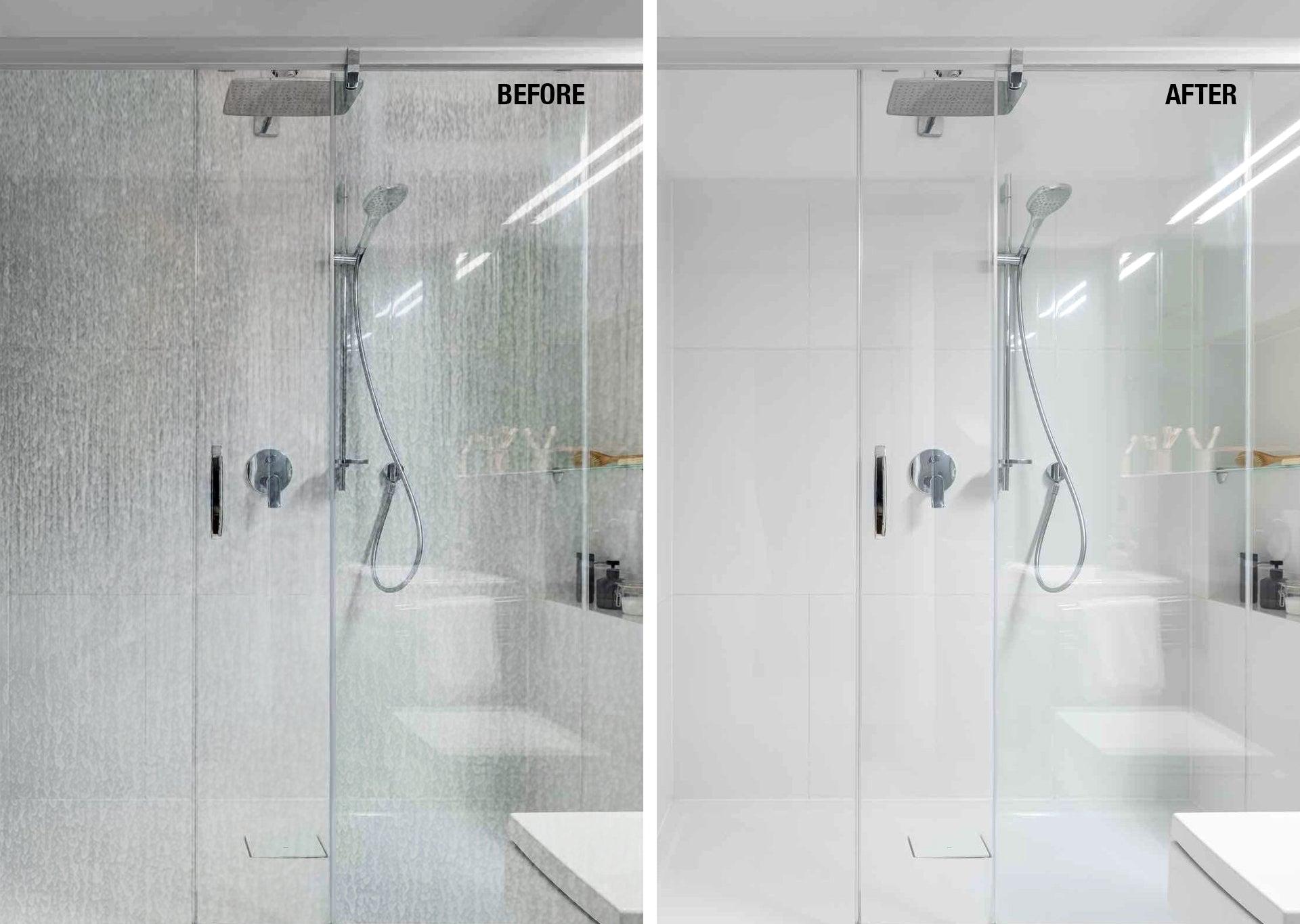 Before and after: shower glass mineral staining versus clean glass after water softener